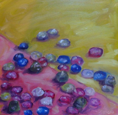 Number 6; Little Gems; 12x12; oil on cotton canvas; 240; marbles on pink and green paper.jpg