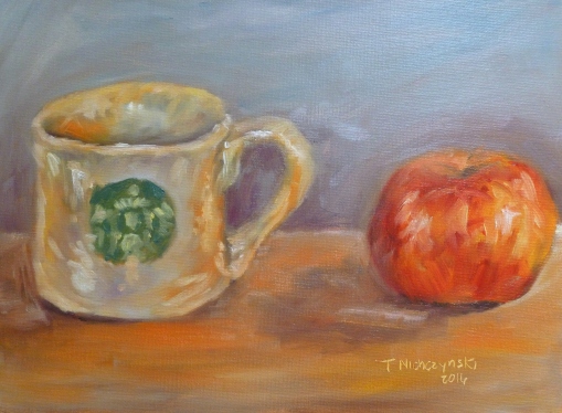 Number 7; Healthy Morning; 9x12; oil on gesso board; 240 starbucks coffee cup with a red fuji apple oil painting